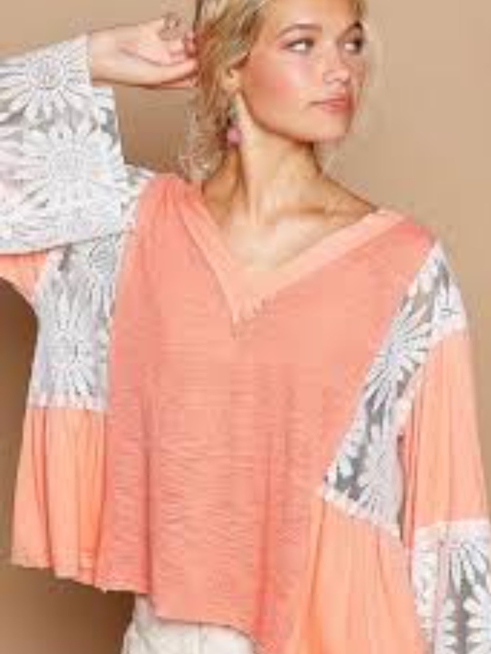 POL Peach Lace Inlay Bell-Sleeve V-Neck Boho Tunic